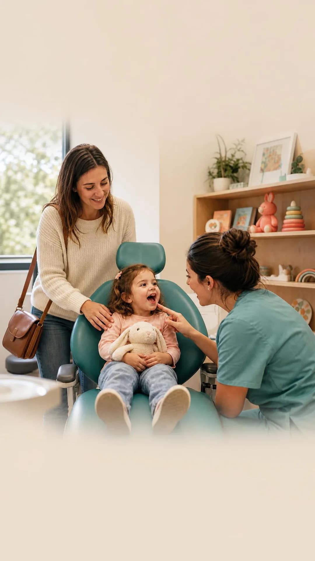 Workplace photography, portrait 9:16. This reframes the visit as the moment a parent rewrites the family story instead of repeating it, which is a deeper motivator than convenience or price.