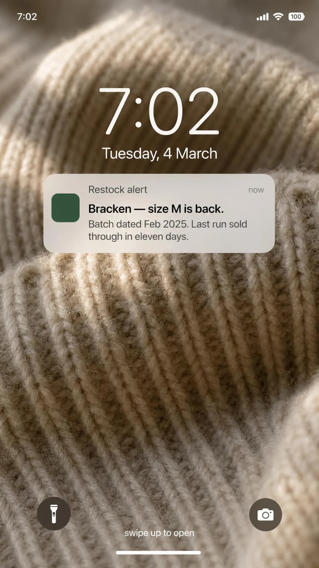 Lock-screen / notification stack, portrait 9:16. Showing the public batch log's sell-through history turns scarcity into documented fact rather than a sales tactic.