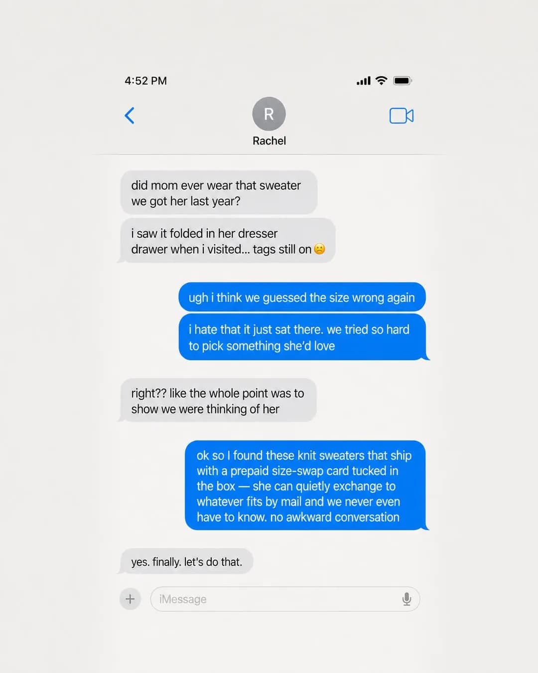 iMessage / SMS screenshot, portrait 4:5. Reframes past gifting failures as proof of care gone unrewarded, and positions the exchange card as how you finally get it right.