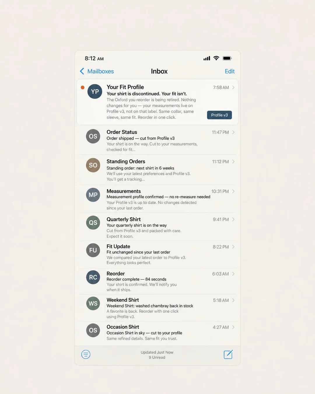 Email inbox screenshot, portrait 4:5. Turns the dreaded day a favorite shirt disappears into a non-event, because the fit lives on a profile, not a label.