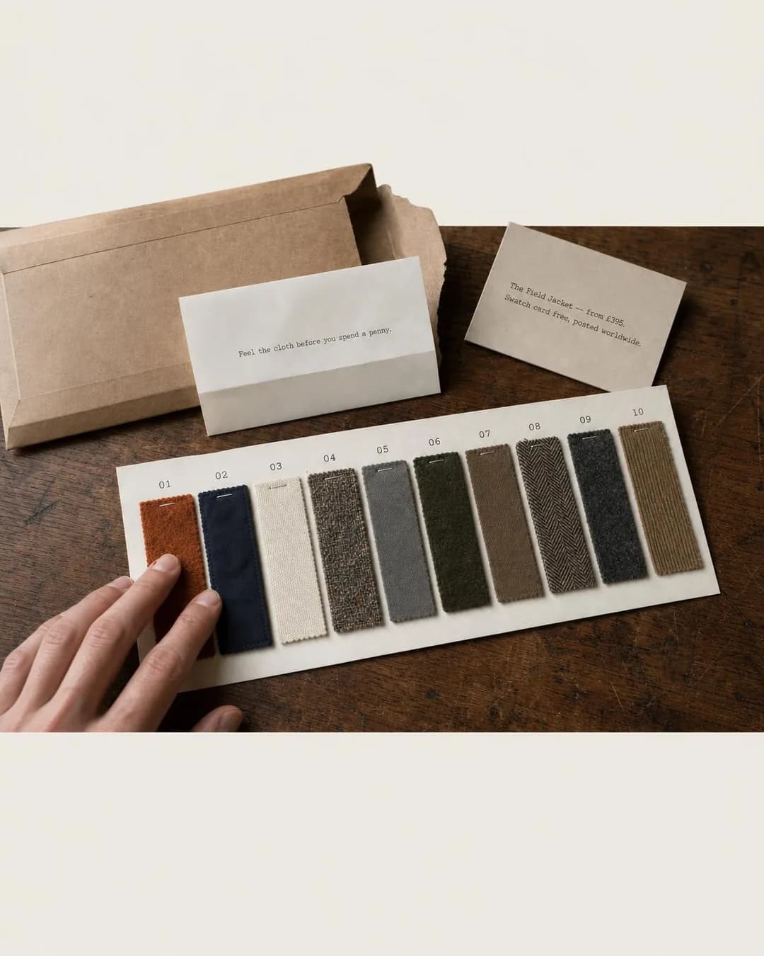Flat-lay / unboxing shot, portrait 4:5. The free swatch card lets a once-in-fifteen-years buyer rule out regret by touch, long before any payment is taken.