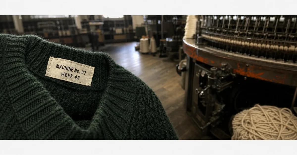 Workplace photography, landscape 1.91:1. When two lambswool jumpers look identical online, the tag naming an actual frame and week is the fact a spec sheet can't fake.