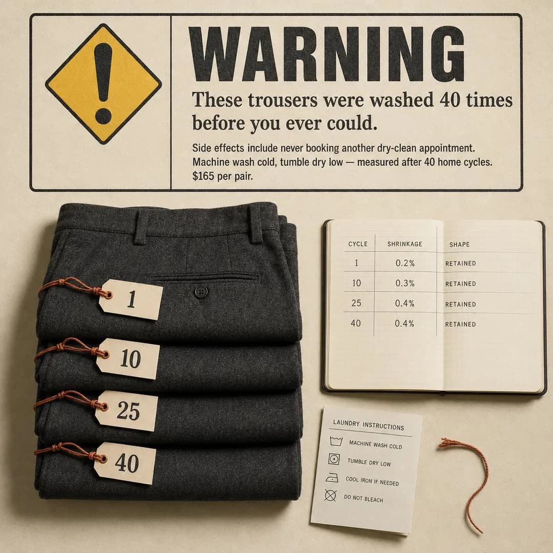 Warning-label parody, square 1:1. Turning internal lab testing into visible proof shows the fabric's durability was earned, not claimed.