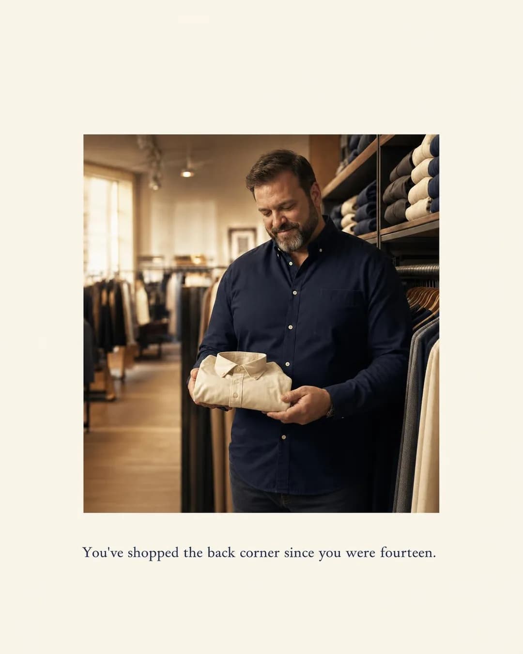 Portrait of the owner / user, portrait 4:5. Names the quiet routine of settling for whatever fit in the one section built for him, and offers the alternative.