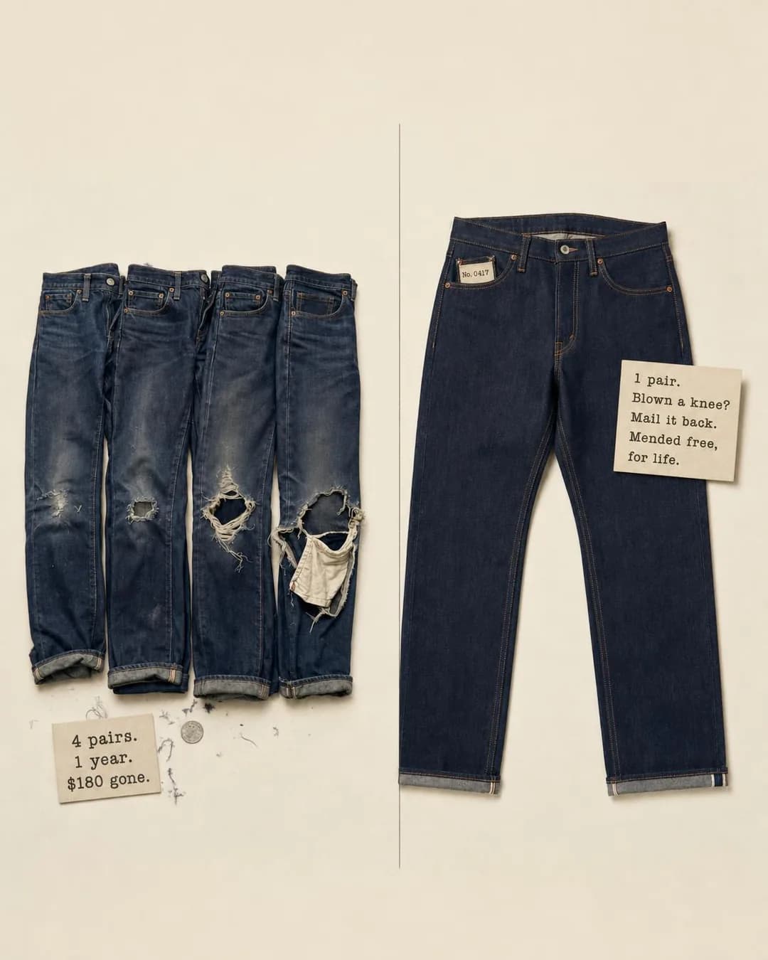 Side-by-side scene, portrait 4:5. Cheap denim is built to fail at the seam so you buy again, while free-repair jeans are built to be mended instead.