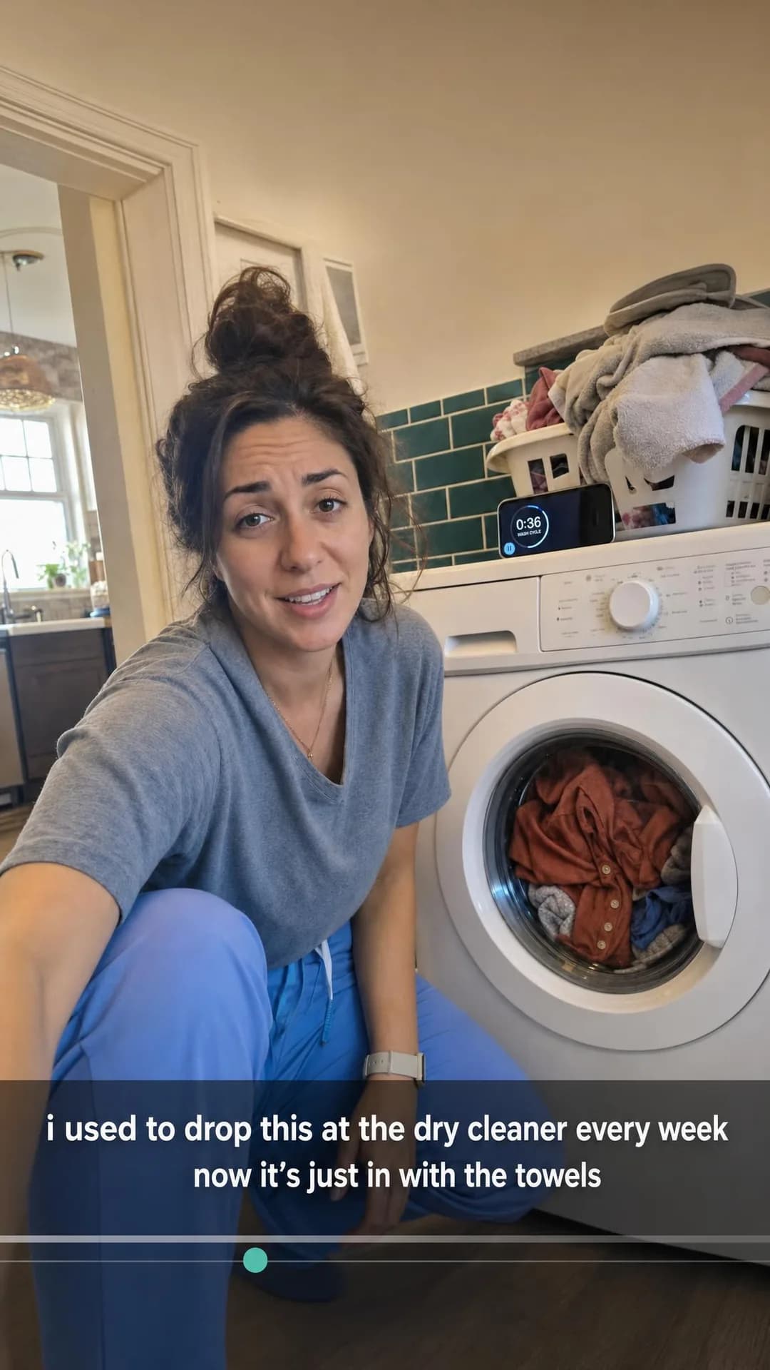 UGC video-still with caption overlay, portrait 9:16. Turns a weekly dry-cleaner errand into a load of laundry you were already running, saving an errand every single week.