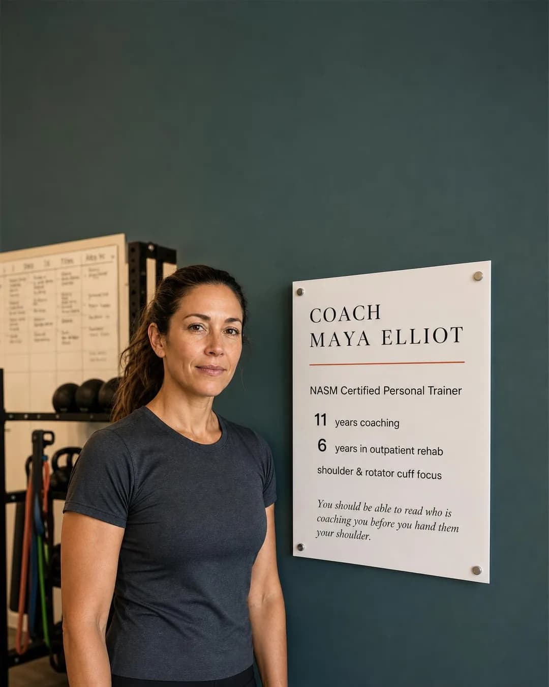 Expert / authority portrait, portrait 4:5. Turns the physical credential wall into proof itself, letting a specific coach's rehab background answer the trust question before a session ever starts.