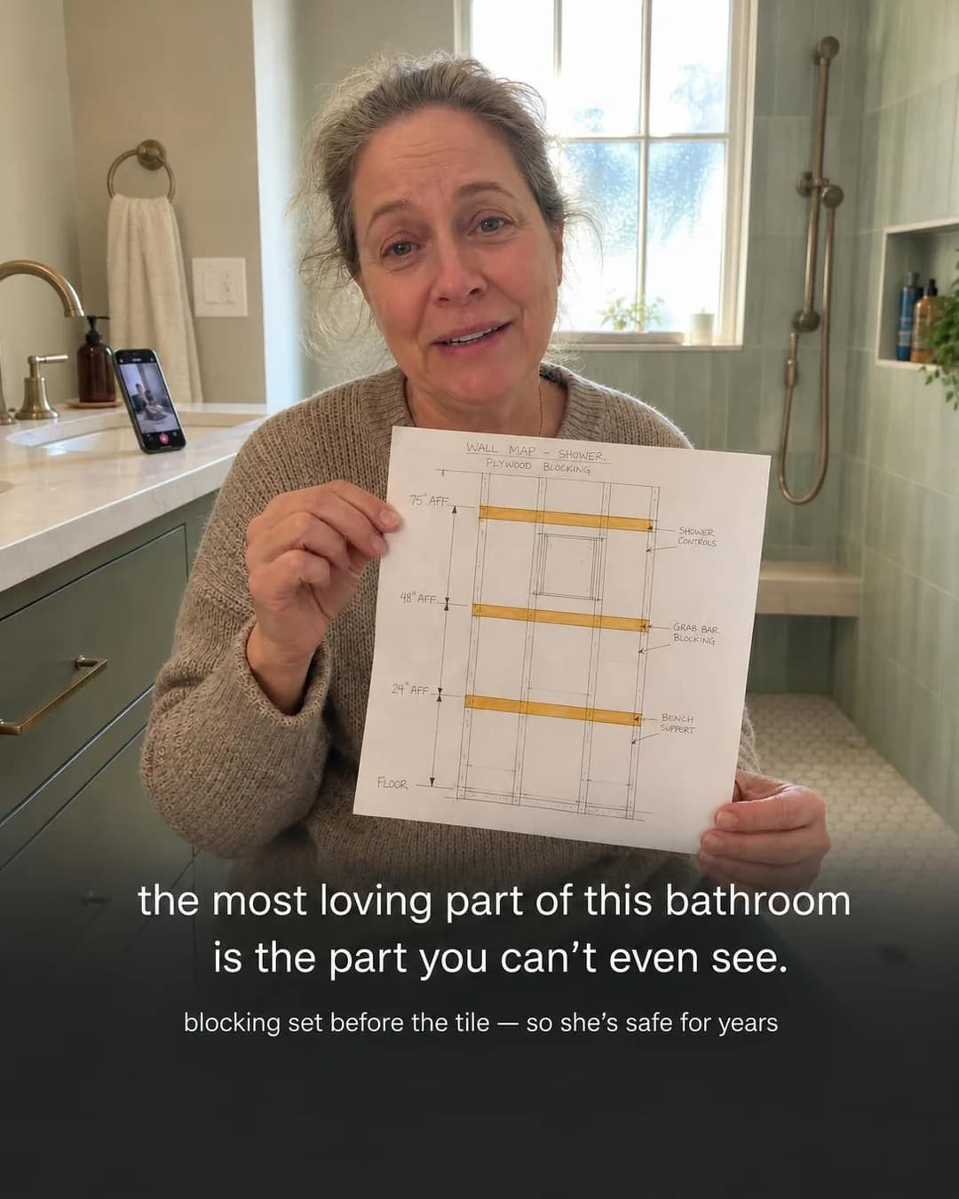 UGC video-still with caption overlay, portrait 4:5. Blocking set before the tile, a subfloor recessed for a gentle slope: the love nobody sees, but she feels daily.