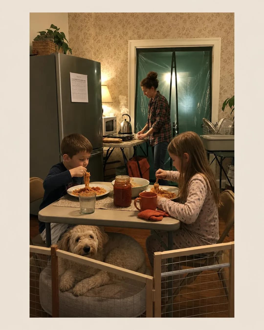 Workplace photography, portrait 4:5. We build a working kitchen in your dining room first, so family dinner never skips a night.