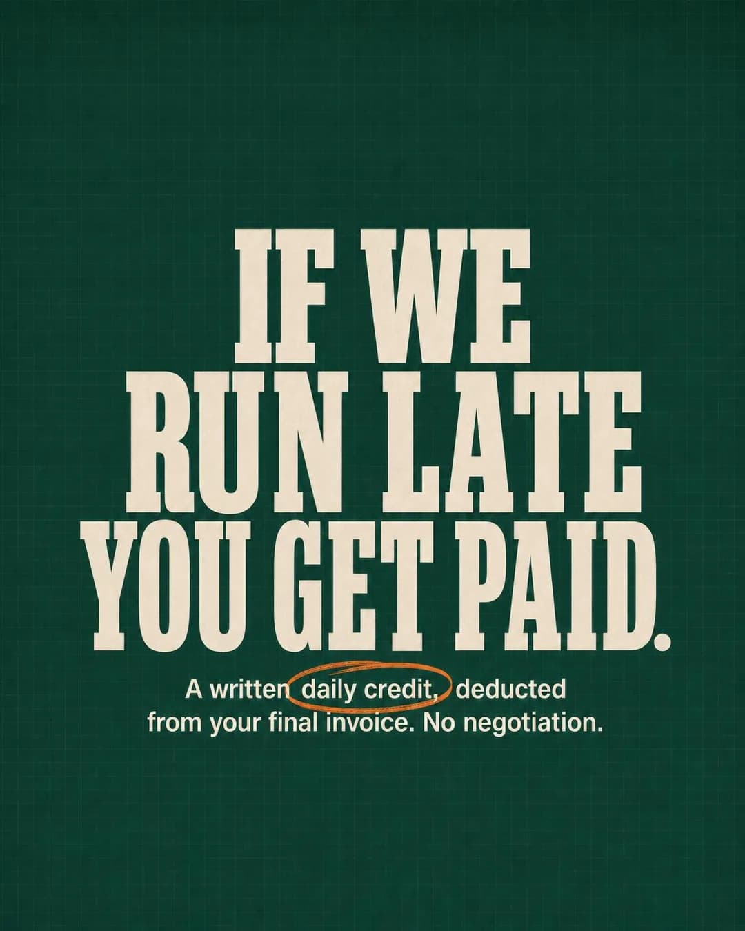 Solid-color quote card, portrait 4:5. Every estimate here ends with the client reading the completion-date clause aloud, because a schedule you haven't read isn't a promise.
