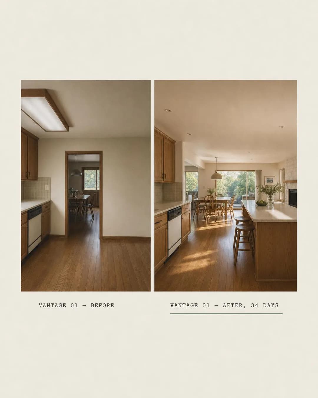 Before/after split, portrait 4:5. Every opening is photographed from one fixed vantage point — the pair in this ad is a record, not a render.
