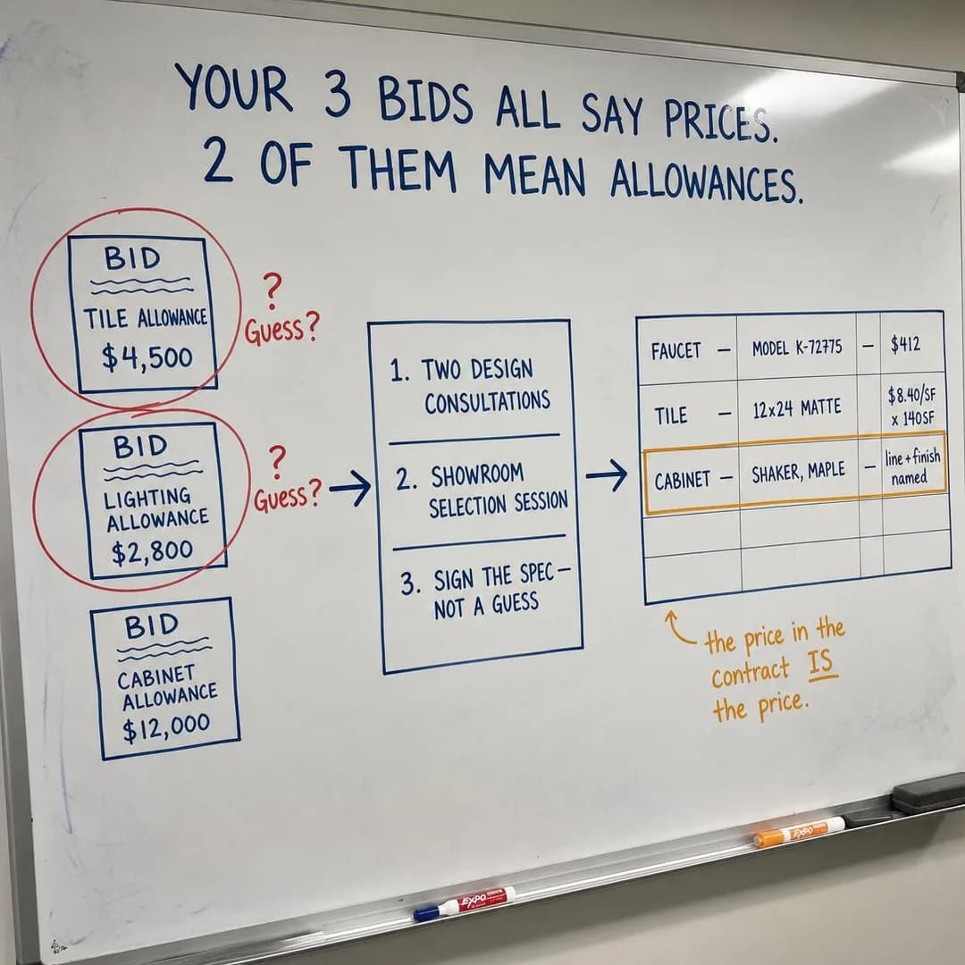 Whiteboard sketch, square 1:1. Two design consultations and a showroom session replace every allowance line with a named SKU and a stated price, before signing.
