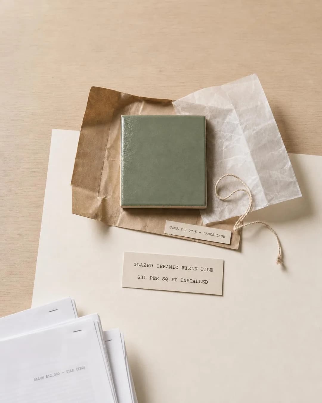 Flat-lay / unboxing shot, portrait 4:5. One named field tile on your table with its installed price typed beside it turns three guesses into one number you can actually check.