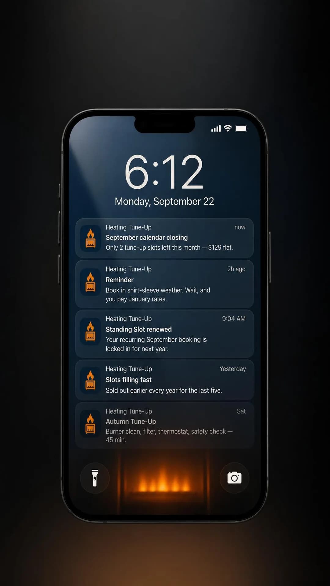Lock-screen / notification stack, portrait 9:16. A literal countdown reframes the tune-up as a dated appointment with a hard close, not an open-ended errand homeowners can put off.