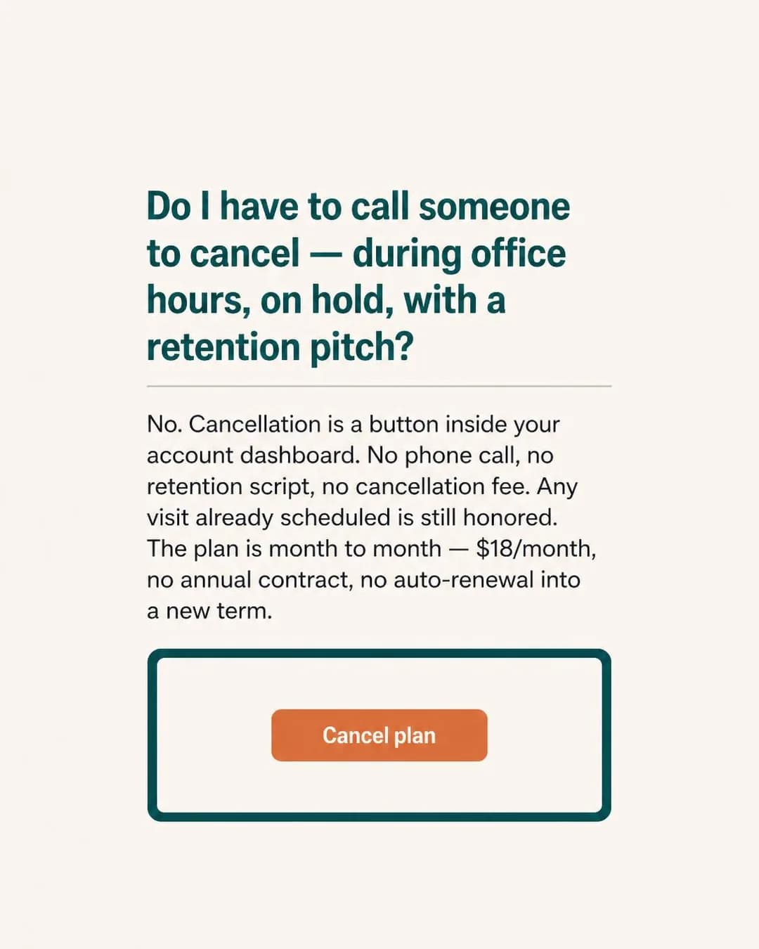 FAQ / objection-handling card, portrait 4:5. Contrasts the old door-to-door contract's phone-and-retention-script exit with a plan that ends from a dashboard, proving the control never left your hands.