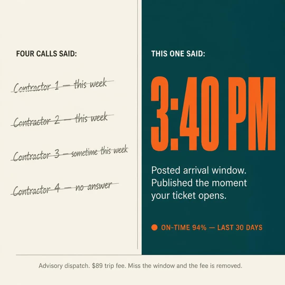 Bold typographic poster, square 1:1. Contrasts vague competitor timelines against a specific posted hour, making speed the visible, provable outcome.