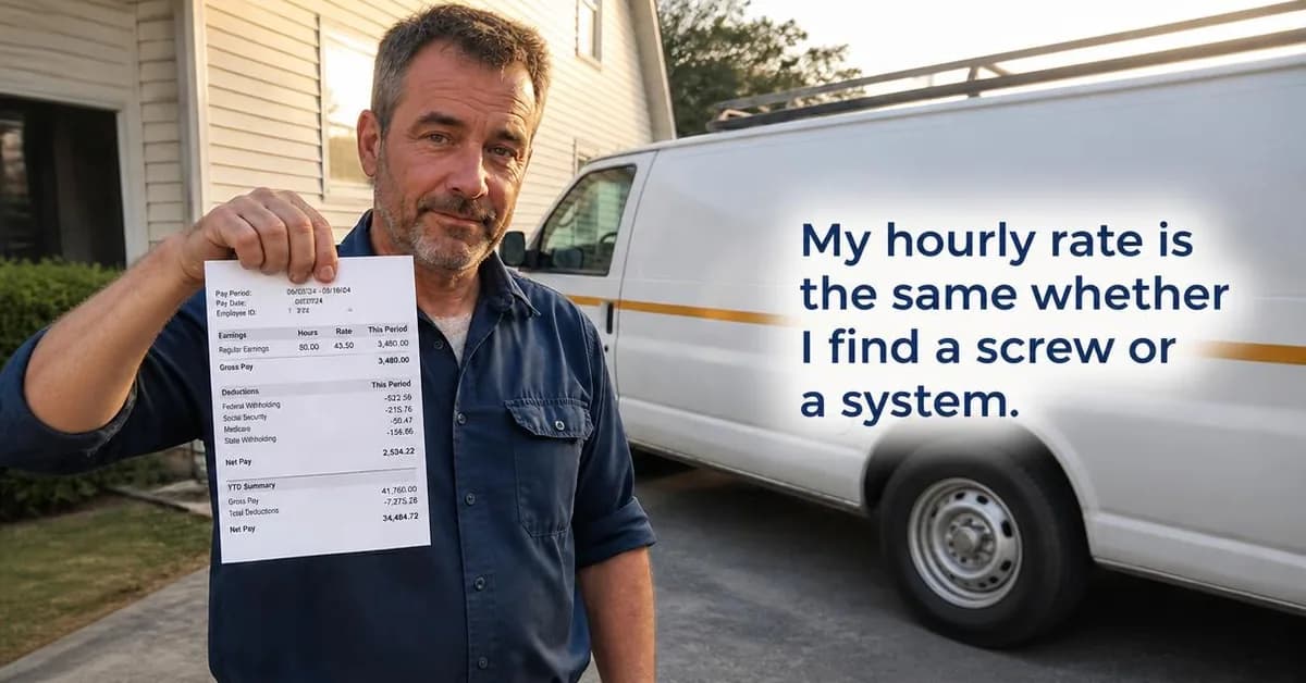 Workplace photography, landscape 1.91:1. A technician explains, in his own words, that his pay stub proves he has nothing to gain by scaring you.