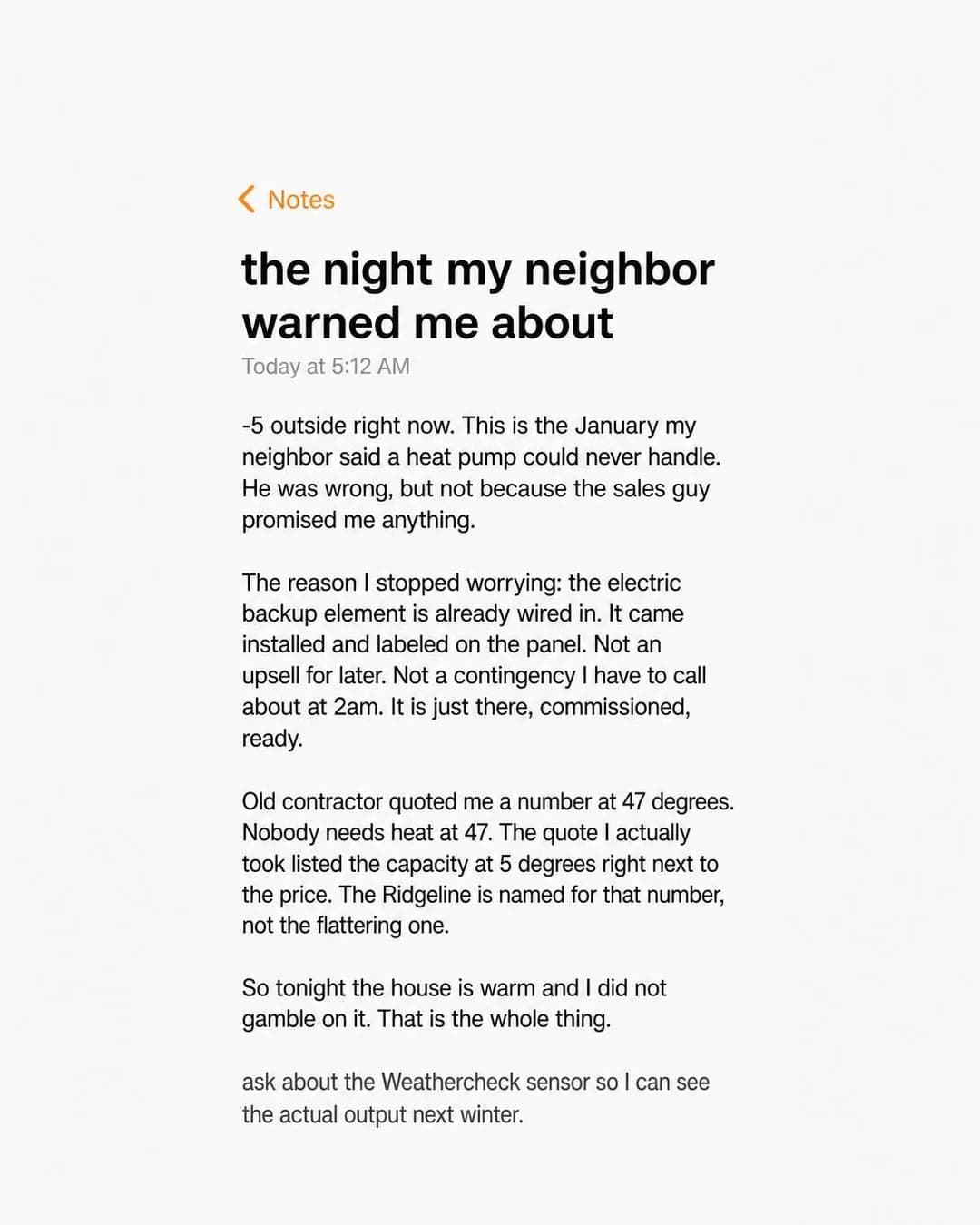 iPhone Notes screenshot, portrait 4:5. Removes the January-freeze fear directly by showing the wired electric backup is standard, not a contingency plan.