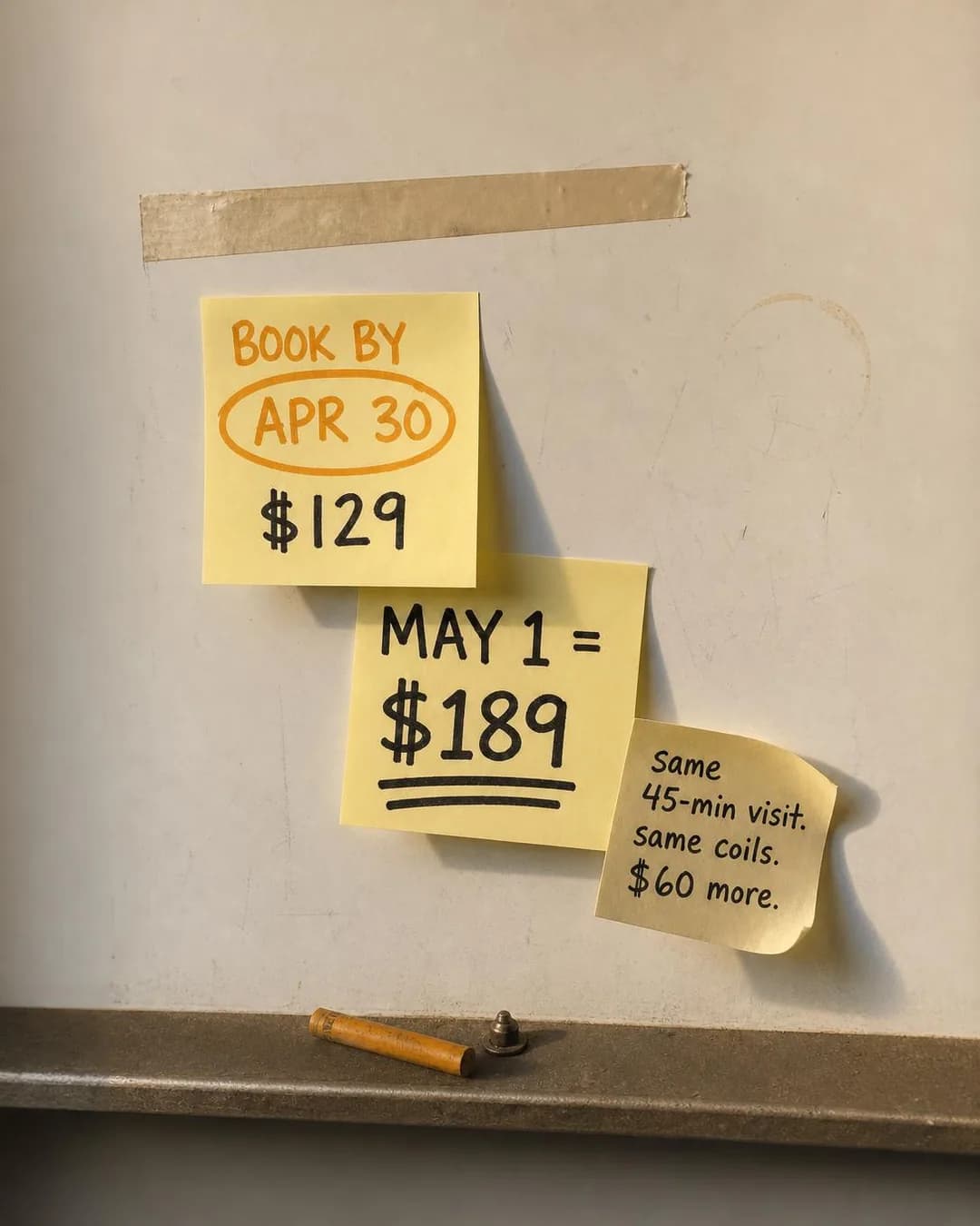 Post-it photo, portrait 4:5. Anchors the entire pitch on the exact date the price jumps, making procrastination a math problem instead of a feeling.