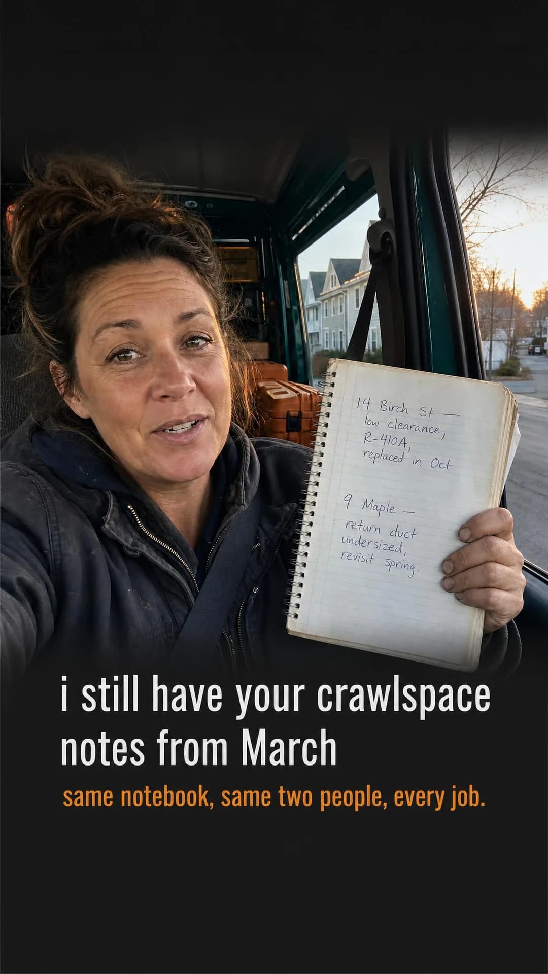 UGC video-still with caption overlay, portrait 9:16. Shows the actual continuity of memory — a working notebook, not a database, that follows the same person from job to job.