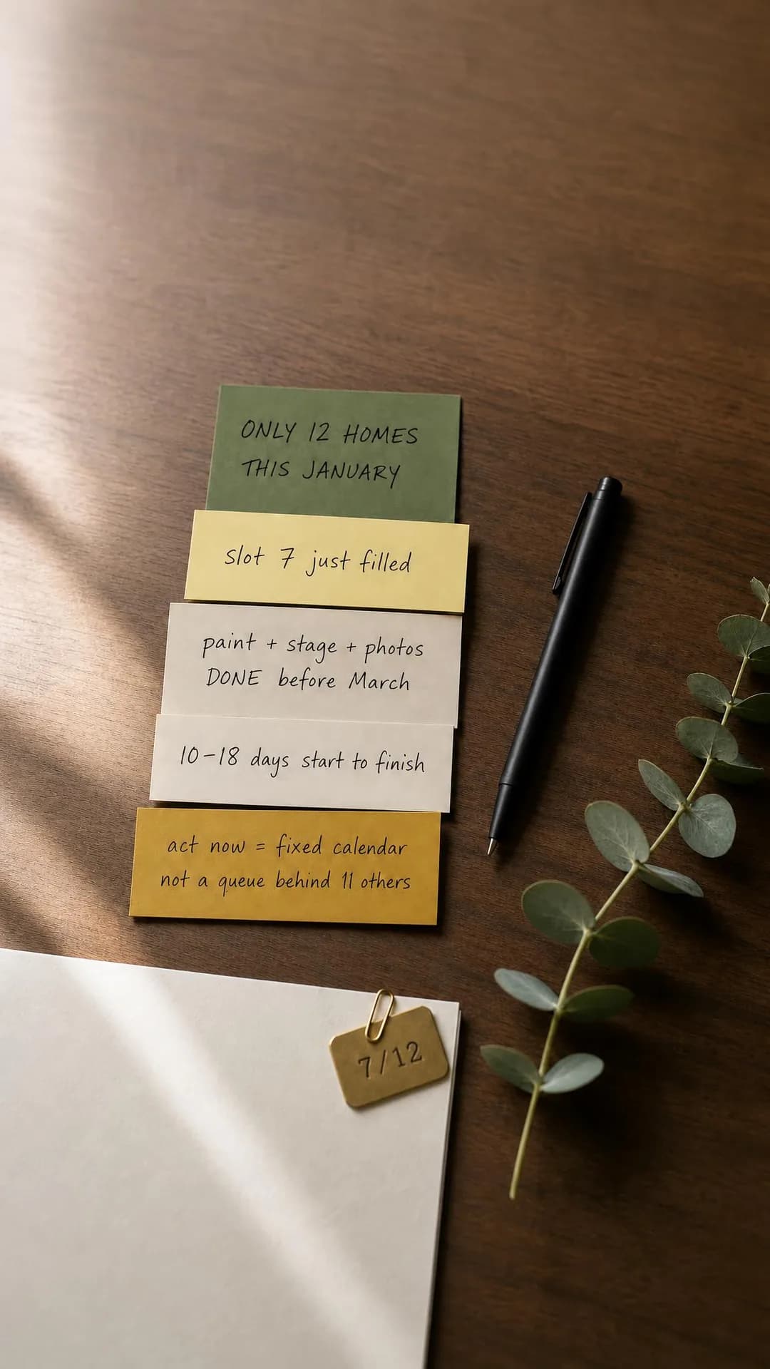 Post-it photo, portrait 9:16. The cohort cap means acting first earns a fixed prep calendar instead of a place in line behind eleven other sellers.
