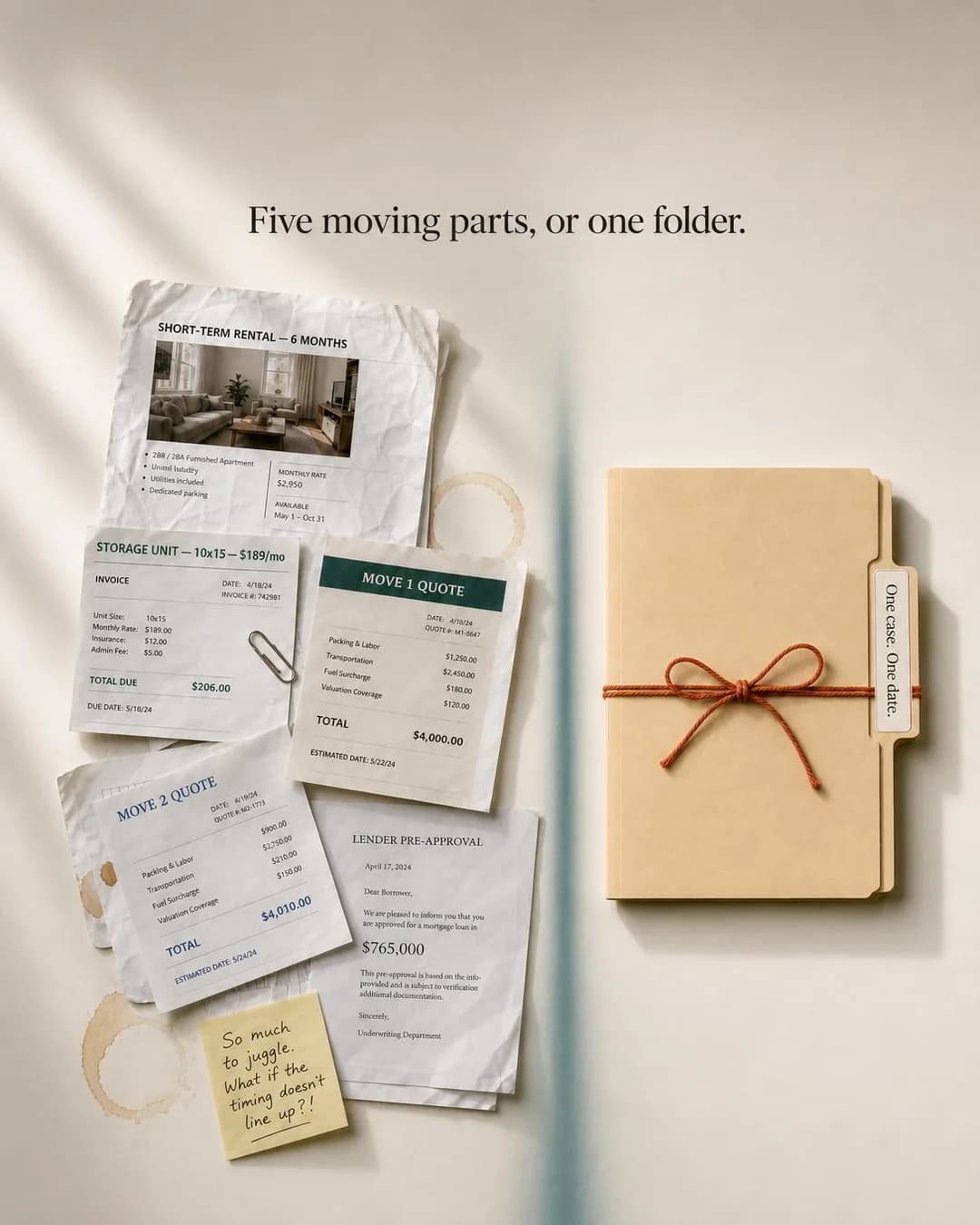 Side-by-side scene, portrait 4:5. Owners are told to juggle a lender, two agents, a rental, and a mover — this collapses that into one case file and one date.