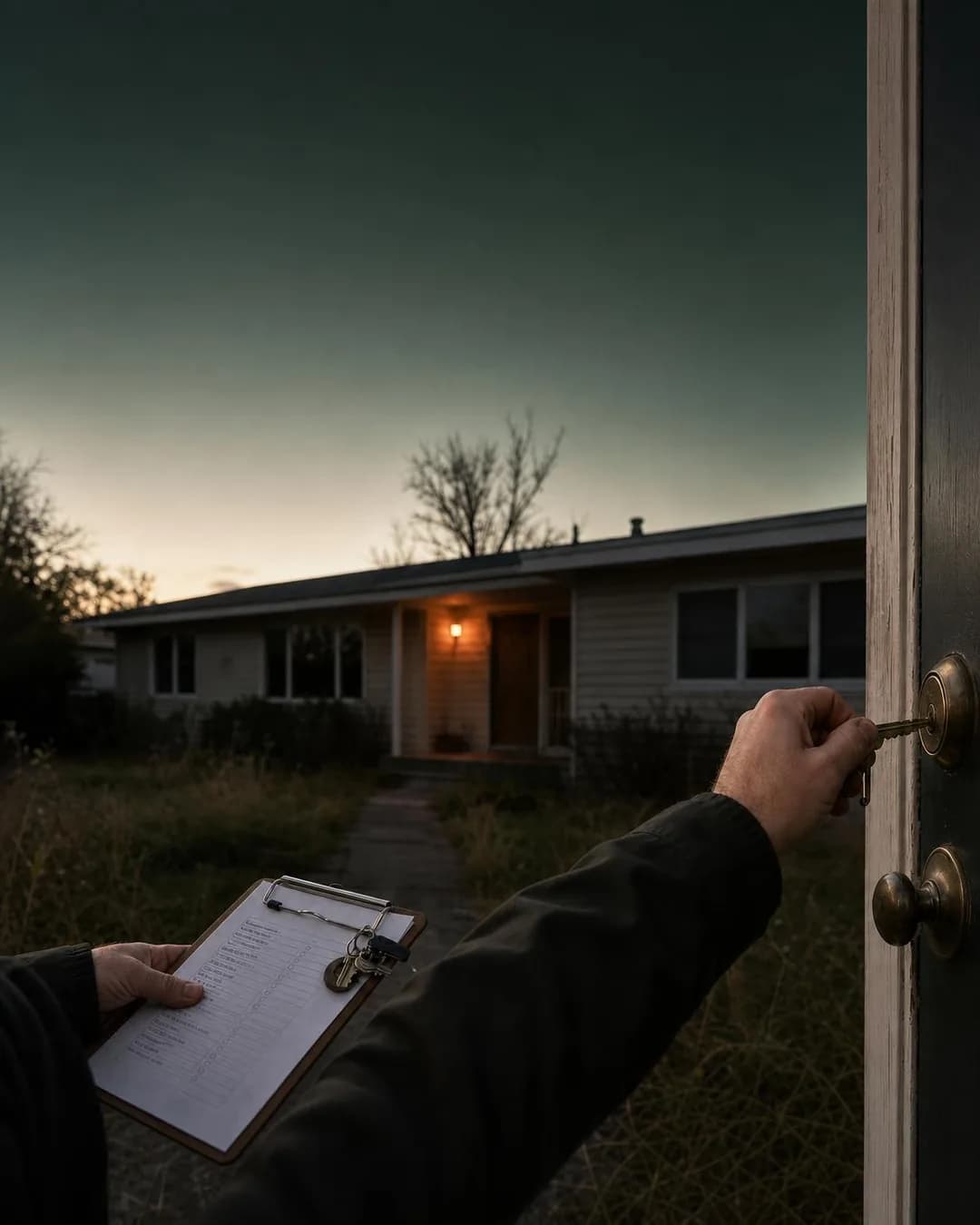Workplace photography, portrait 4:5. Reframes the listing as protection of a vacant asset, not just a sale, easing the executor's fear of vandalism, burst pipes, or missed break-ins no one is watching for.