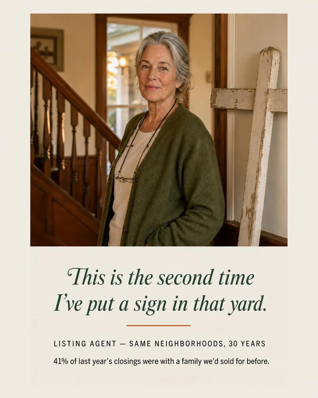 Expert / authority portrait, portrait 4:5. Nothing builds belief like a photographable fact: the same lawn, the same brokerage, thirty years apart.