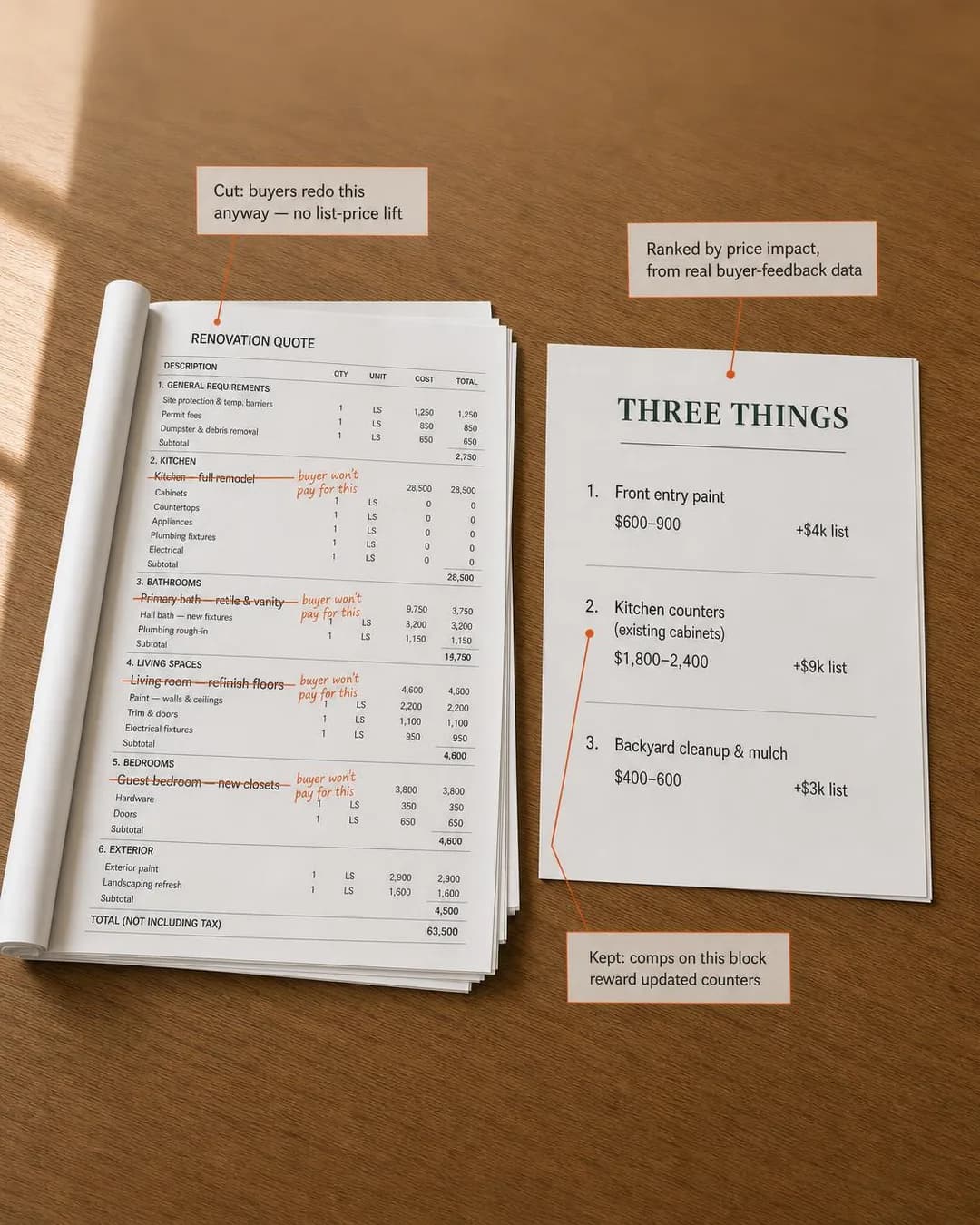 Feature / ingredient callout, portrait 4:5. Shows the mechanism head-on: a walkthrough grounded in comp data isolates exactly which renovations buyers reward, cutting the rest before money is spent.