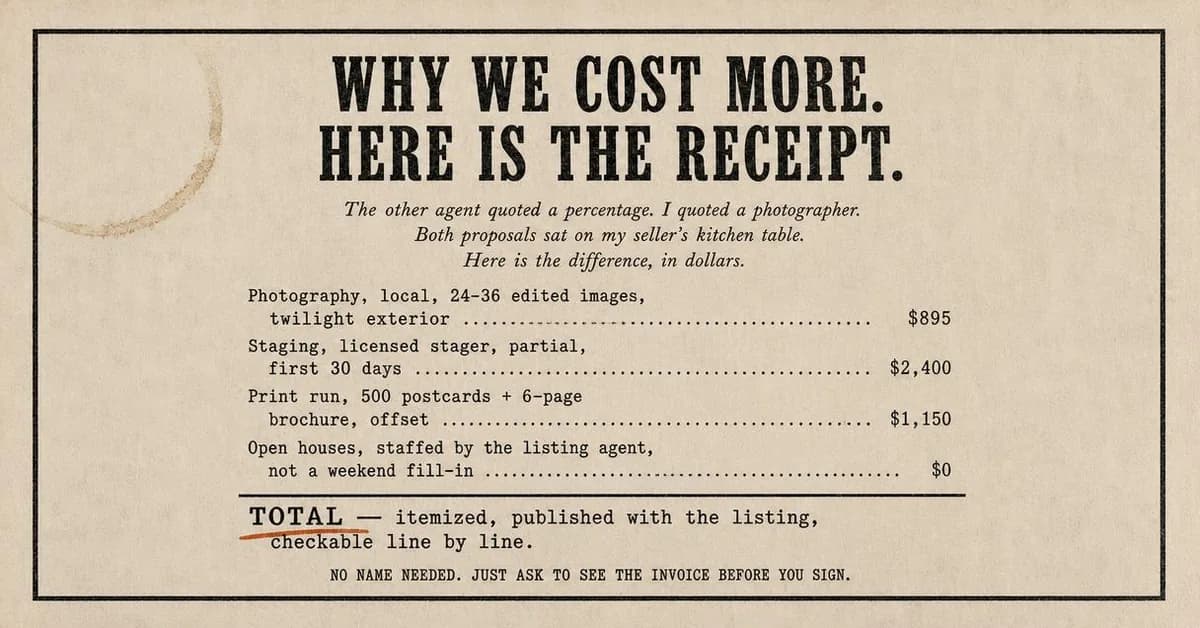 Old-school newspaper classified ad, landscape 1.91:1. A founder walks through the actual dollar figures behind the fee gap so the seller stops comparing percentages and starts comparing services.