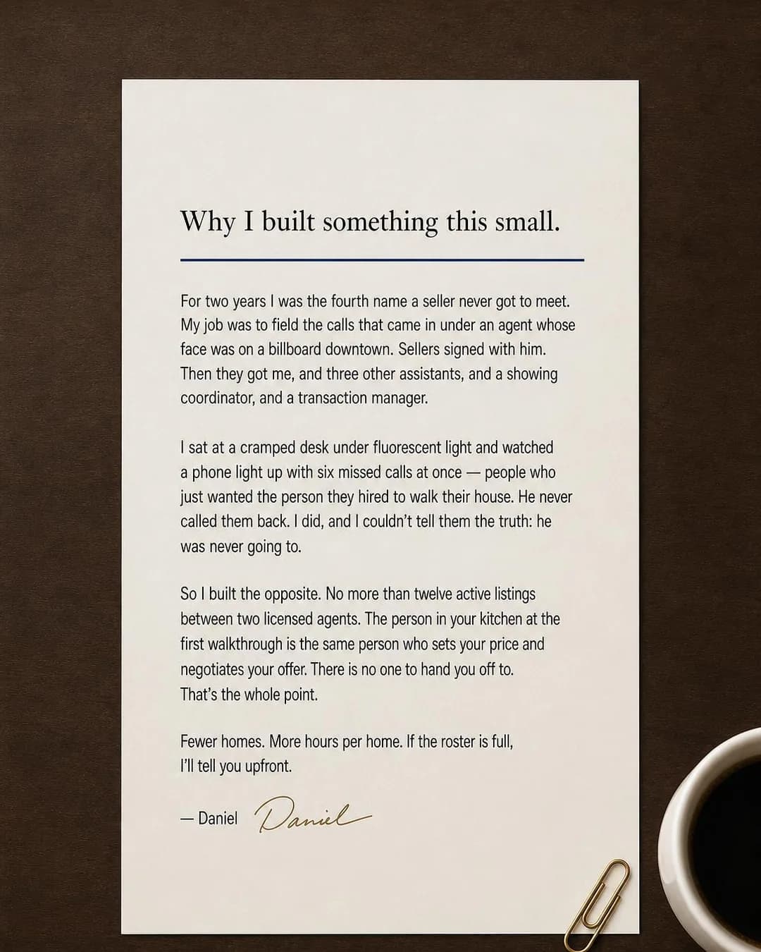 Founder's letter, portrait 4:5. The founder spent two years as an uncredited assistant fielding calls under a billboard agent's name, so he built a roster small enough to answer himself.