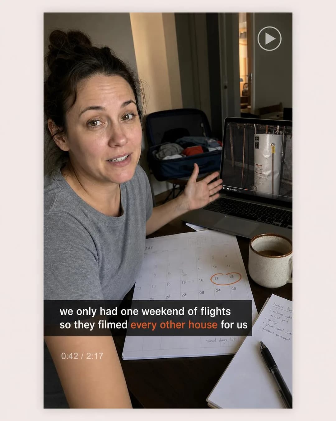 UGC video-still with caption overlay, portrait 4:5. Reframes the company-timeline buyer's biggest fear — running out of trip days before finding the right house — by proving the ground team stands in for every showing…