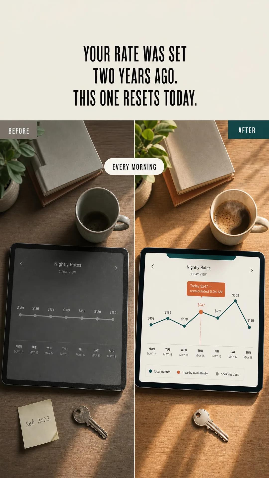 Before/after split, portrait 9:16. Shows the actual mechanism — event calendars, nearby availability, and booking pace feed a morning recalculation instead of a chart set once and forgotten.