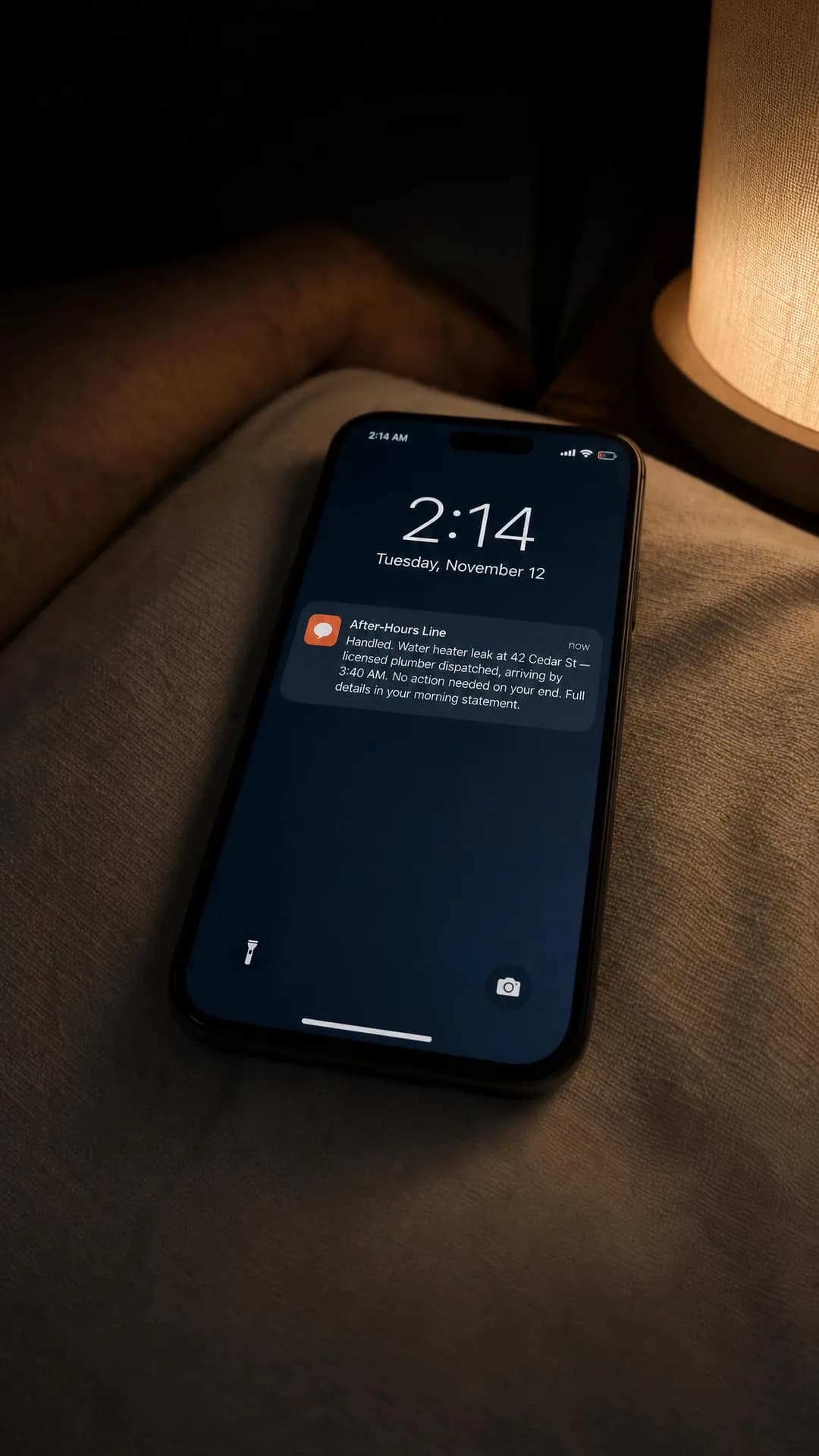Lock-screen / notification stack, portrait 9:16. Makes the outcome tangible by showing the exact moment that used to ruin sleep now simply not happening.