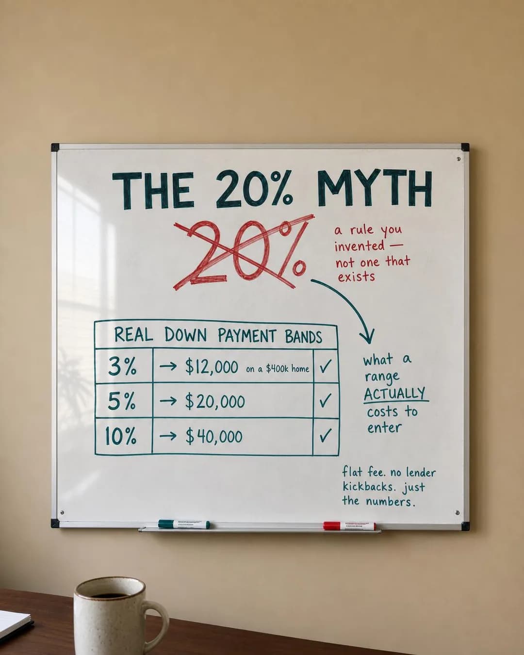 Whiteboard sketch, portrait 4:5. A written, lender-free breakdown shows the real down payment bands for a range, which are almost never twenty percent.
