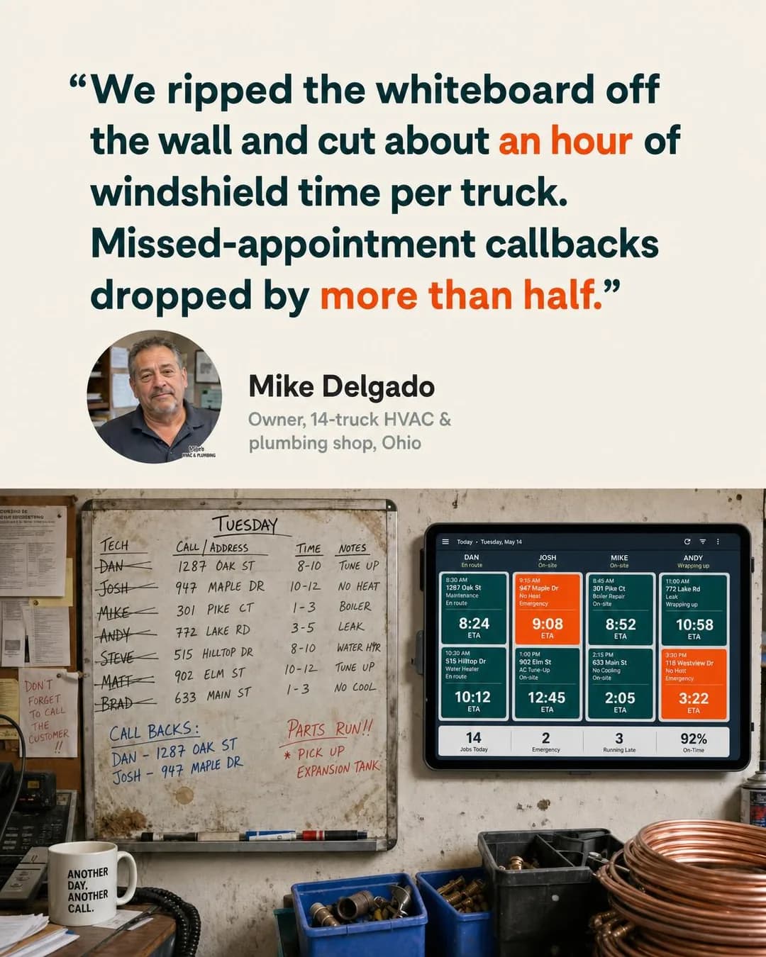 Testimonial quote card, portrait 4:5. Shows a real shop's before-and-after — eraser marks and phone chaos giving way to a live board with fewer missed calls.