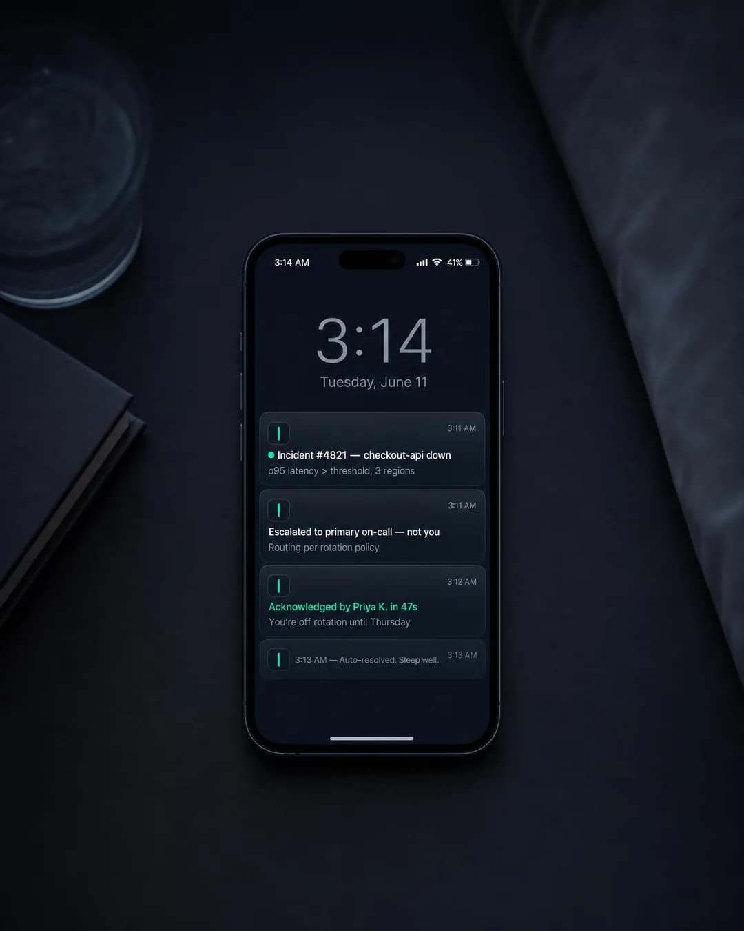 Lock-screen / notification stack, portrait 4:5. Escalation rotation means the alert finds the right person, so you stop bracing for it to be you.