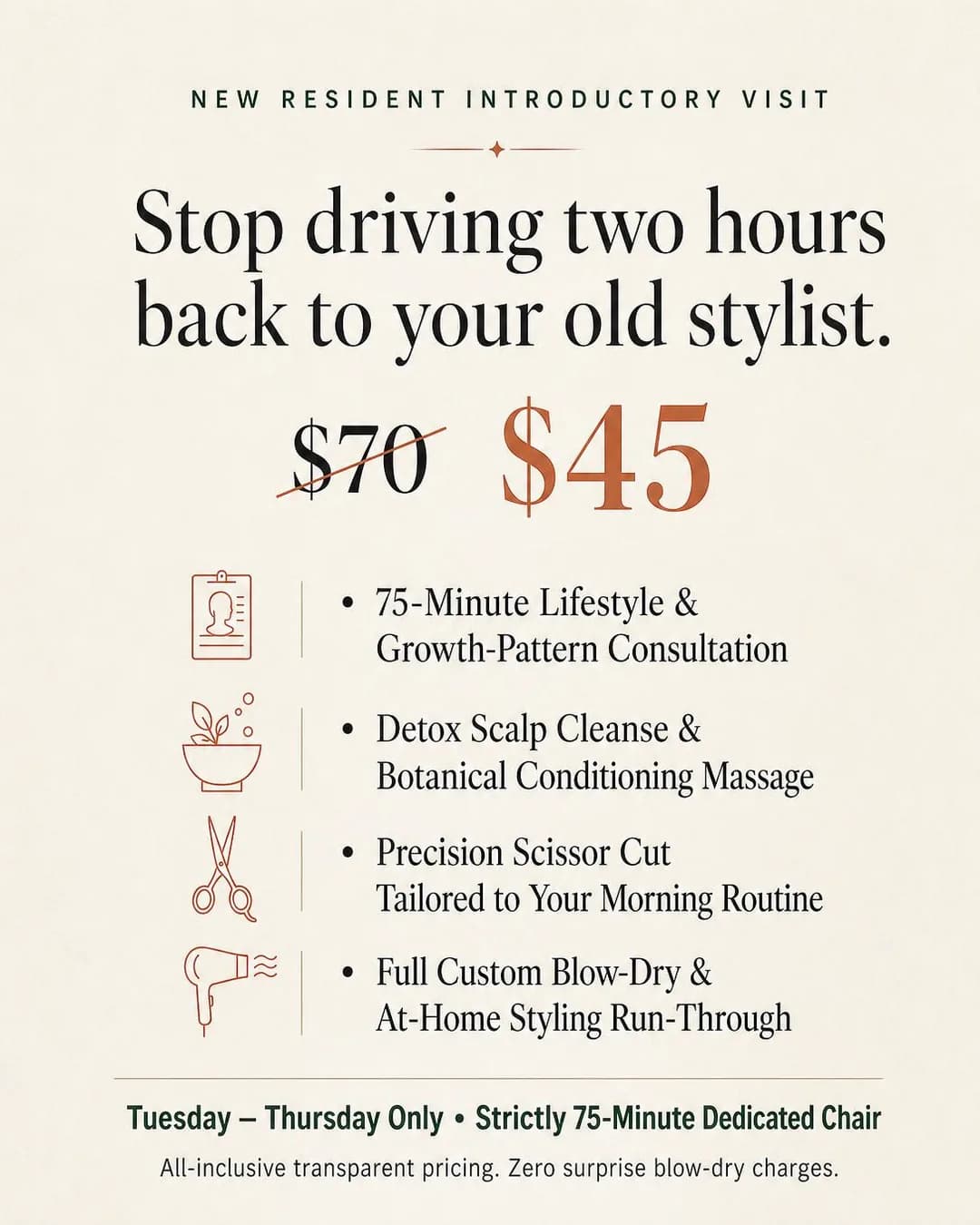 Offer-stack graphic, portrait 4:5. Test a local chair mid-week for $45 with a 75-minute consultation that protects your hair and your wallet.