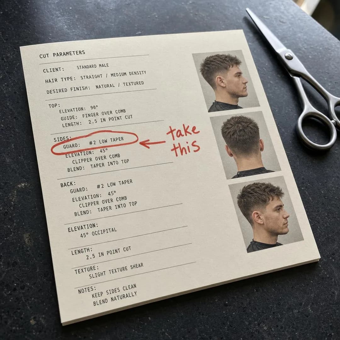 Doodled photo, square 1:1. We chart your exact clipper guards, angles, and sectioning so any chair delivers the identical cut.
