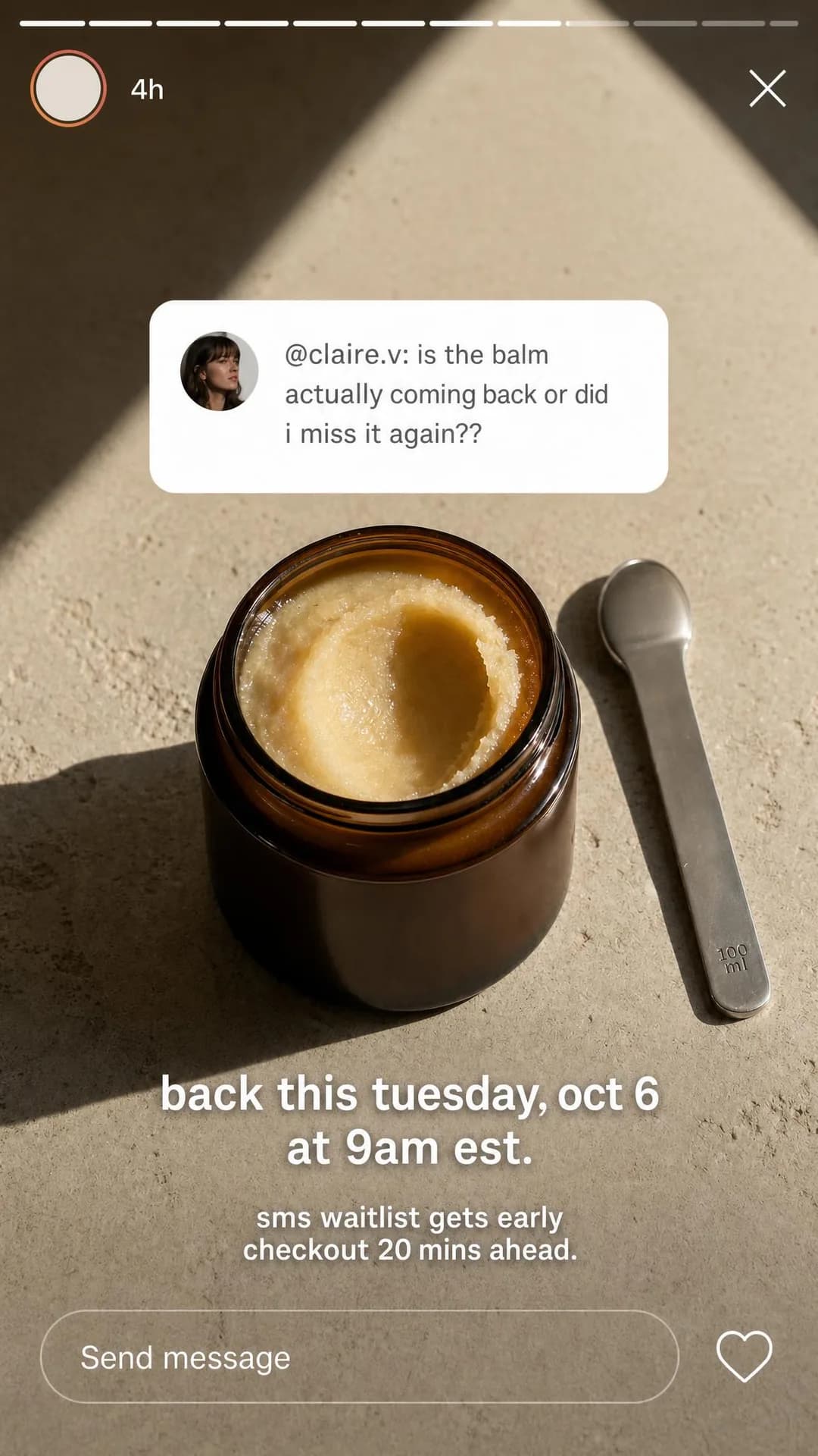 Instagram Story reply, portrait 9:16. The oat lipid cleansing balm returns October 6th; reserve SMS access before this run sells through.