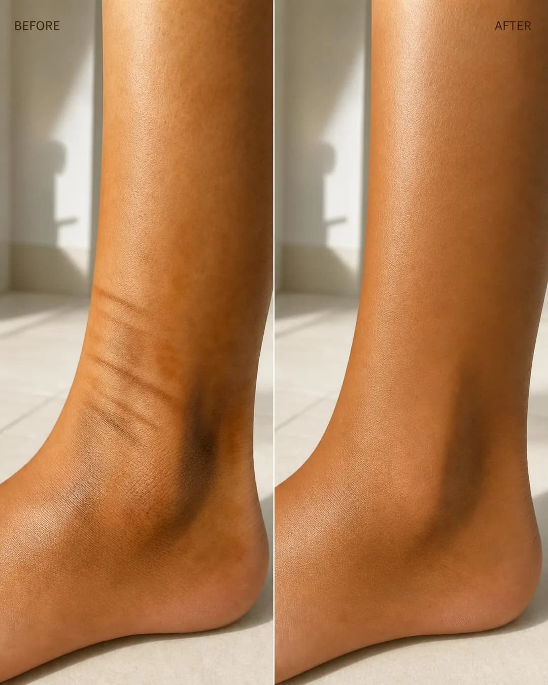 Before/after split, portrait 4:5. Our visible olive-bronze guide eliminates patchy dry zones, replacing dreaded joint streaks with smooth, believable color.