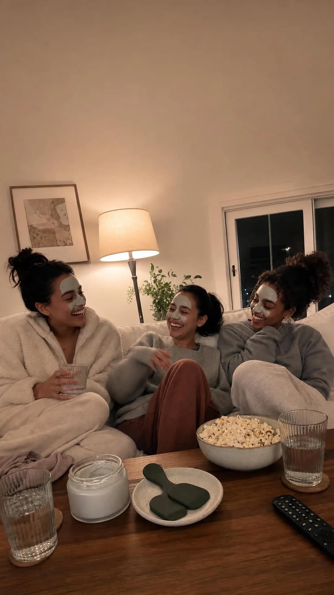 Raw phone pic, portrait 9:16. True friends don't let friends sit under dripping sheet masks when ten calm minutes reset everyone.