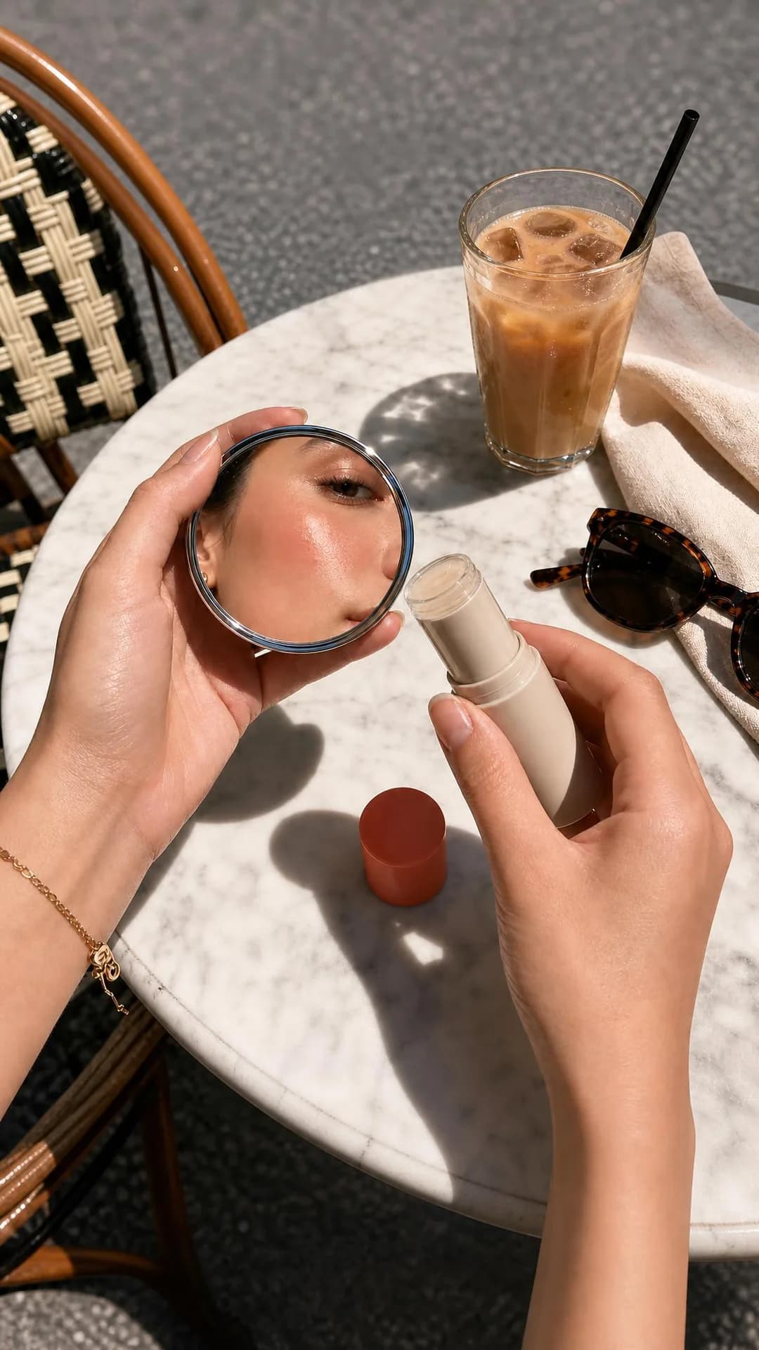 POV / first person, portrait 9:16. Reapplying UV defense over intact makeup takes thirty seconds, keeping your patio lunch effortless and sunburn-free.