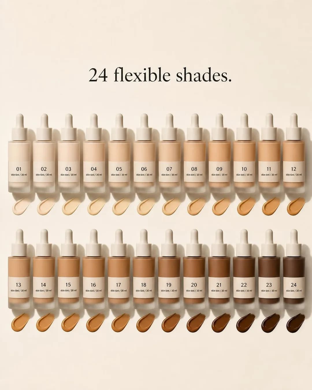 Range line-up, portrait 4:5. Our shade finder maps your existing bottle directly to your adaptable sheer match, backed by free swaps.