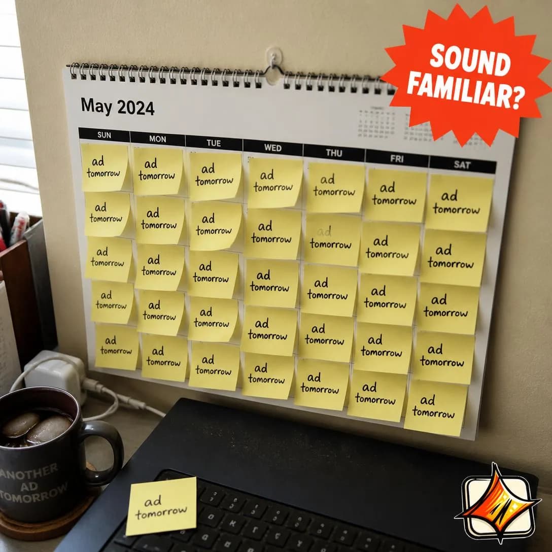 A raw, slightly soft-focus iPhone photo taken at a slight downward angle of a real wall-mounted paper desk calendar, cluttered and lived-in