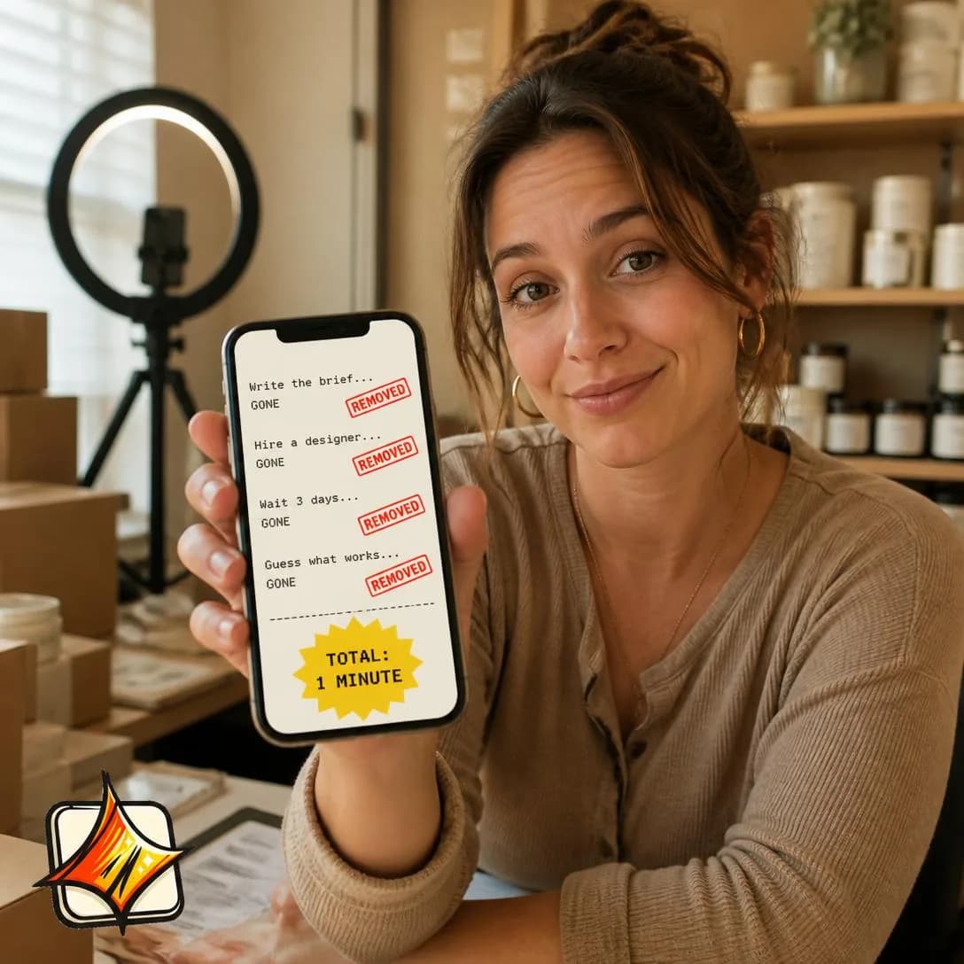 A warm, authentic square portrait photo of a real DTC shop owner — a woman in her mid-30s in a small home-office studio surrounded by shipping boxes, a ring light, and product samples on the shelf behind her