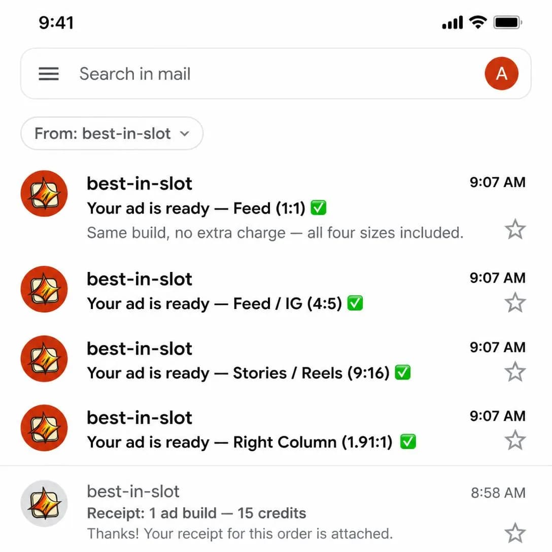 A pixel-accurate mobile phone screenshot of a Gmail inbox, iOS, light mode, status bar showing full signal and time 9:41