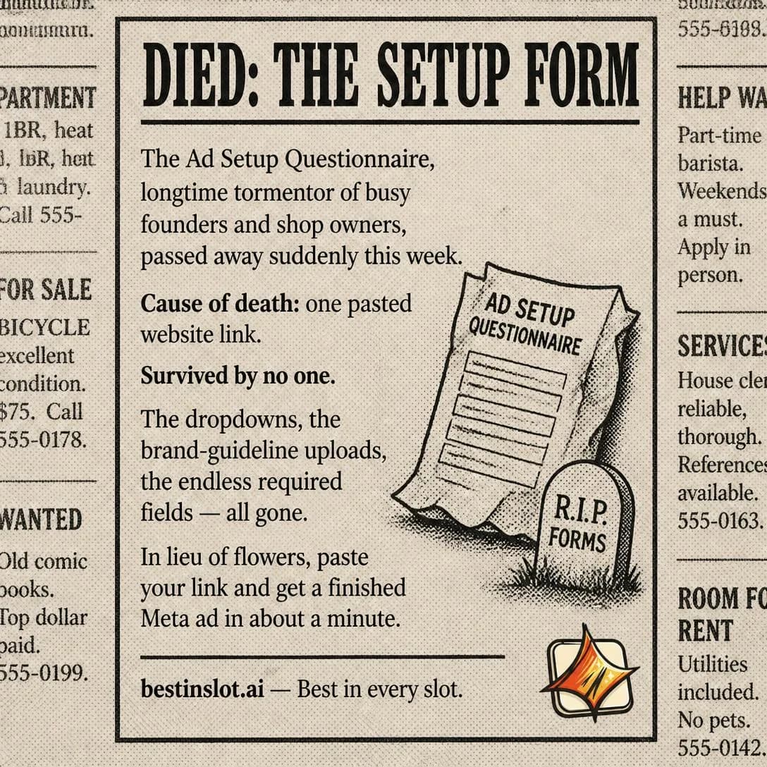 An old-school newspaper classified advertisement, black-and-white, low-fidelity newsprint texture with visible halftone dots and a slightly yellowed paper grain, framed inside a boxed classified column with thin black…