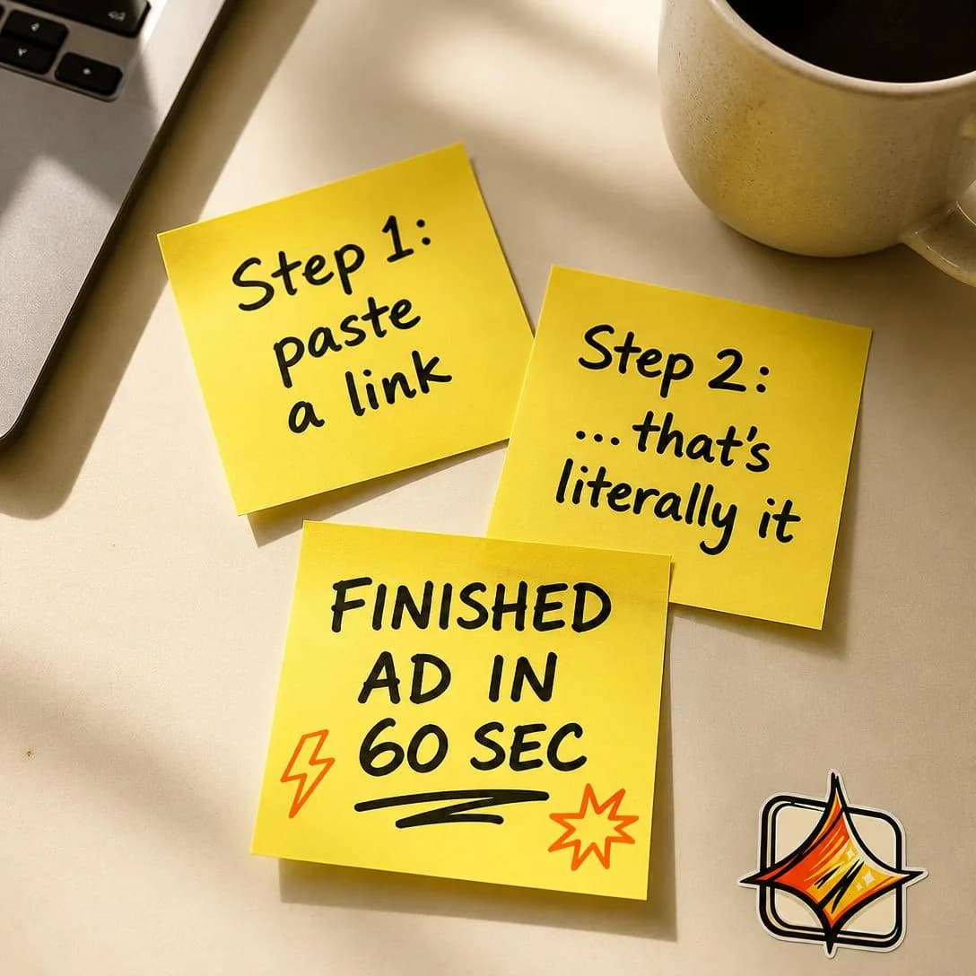 A slightly overhead handheld iPhone photo of three bright yellow Post-it notes stuck at playful crooked angles on a warm beige desk surface, next to a laptop edge and a coffee mug