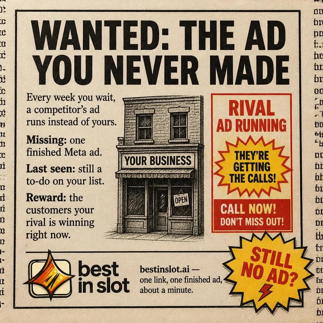 An old-school newspaper classified ad, photographed as a slightly cropped scan of a real vintage newspaper page — off-white newsprint with visible paper grain, faint ink bleed, and a subtle warm beige cast